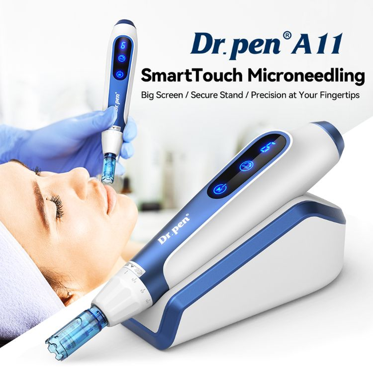Dr. Pen A11 touchscreen handpiece and base with a professional-use demonstration