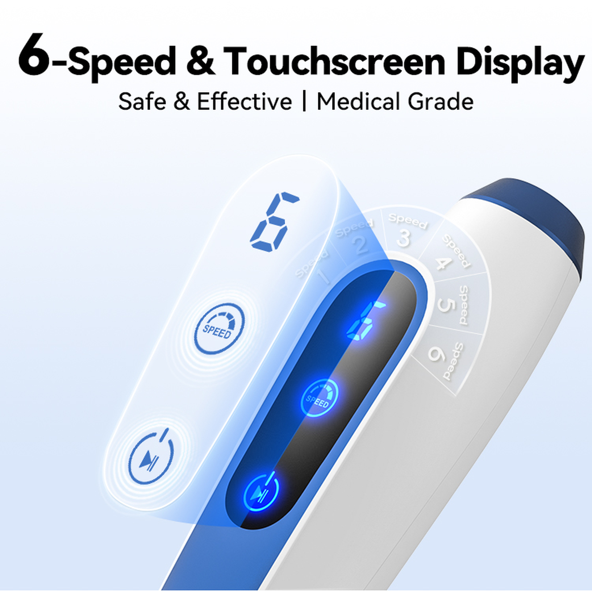 Close-up of the Dr. Pen A11 illuminated touchscreen and six speed levels