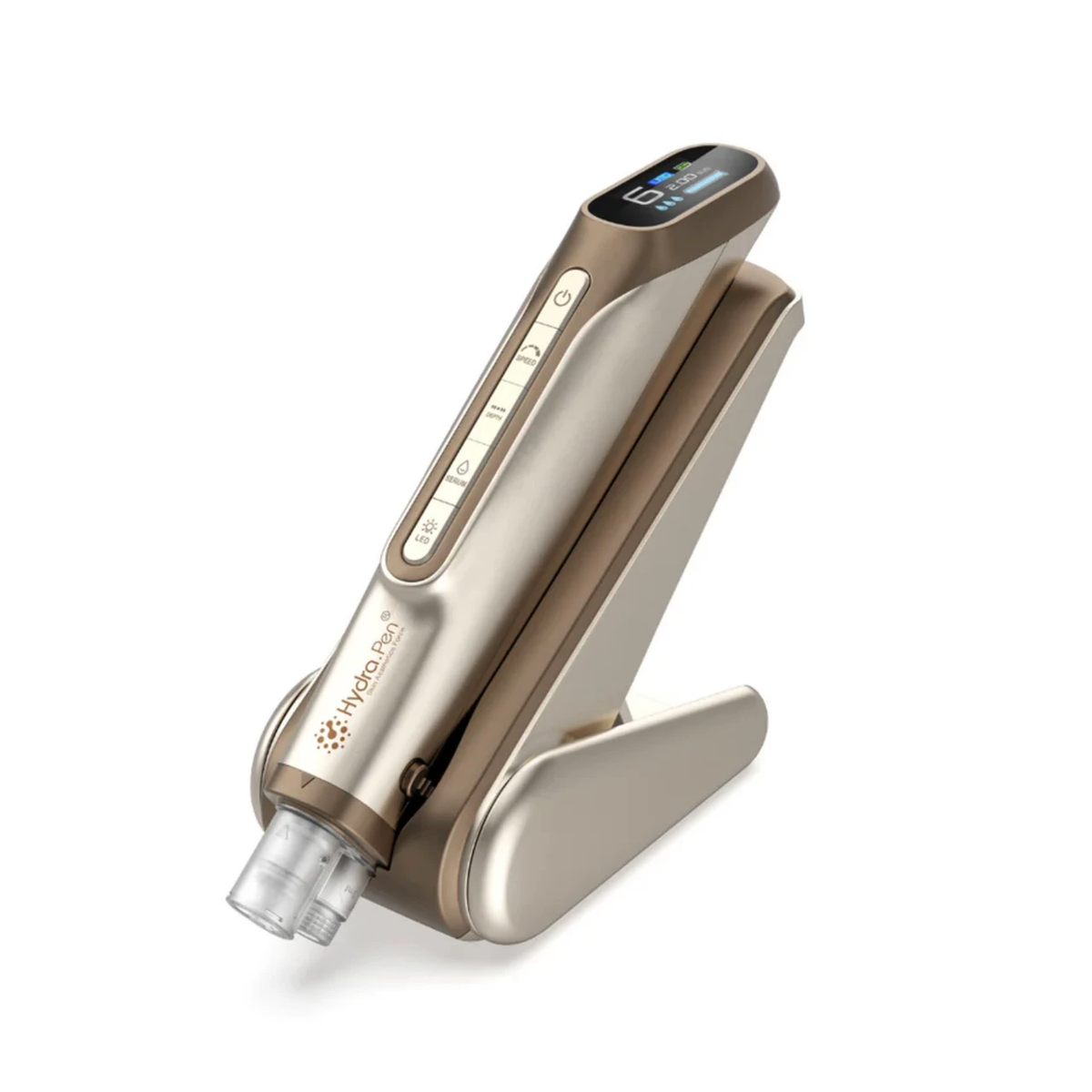 Champagne Gold Hydra Pen H6 with its fitted cartridge and matching handpiece stand