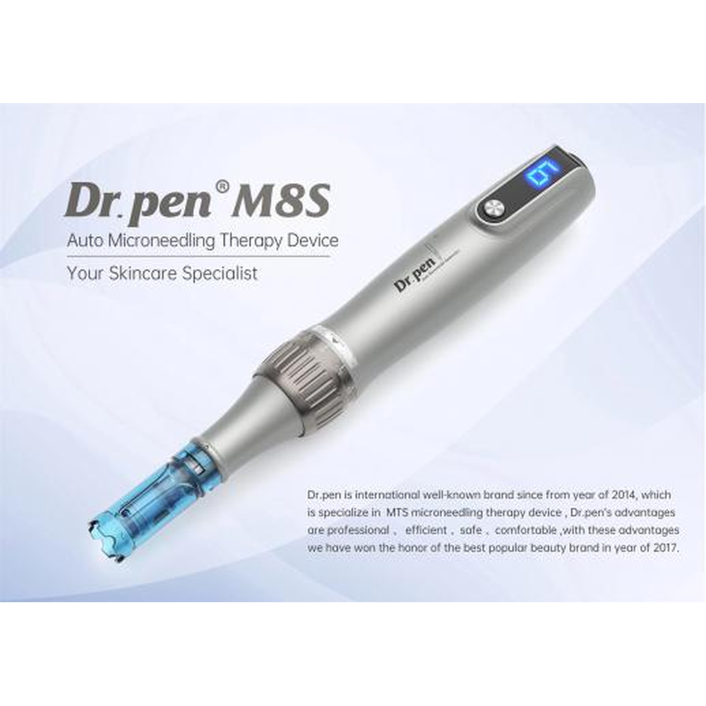 Dr. Pen M8s handpiece shown diagonally with its digital display and fitted blue cartridge