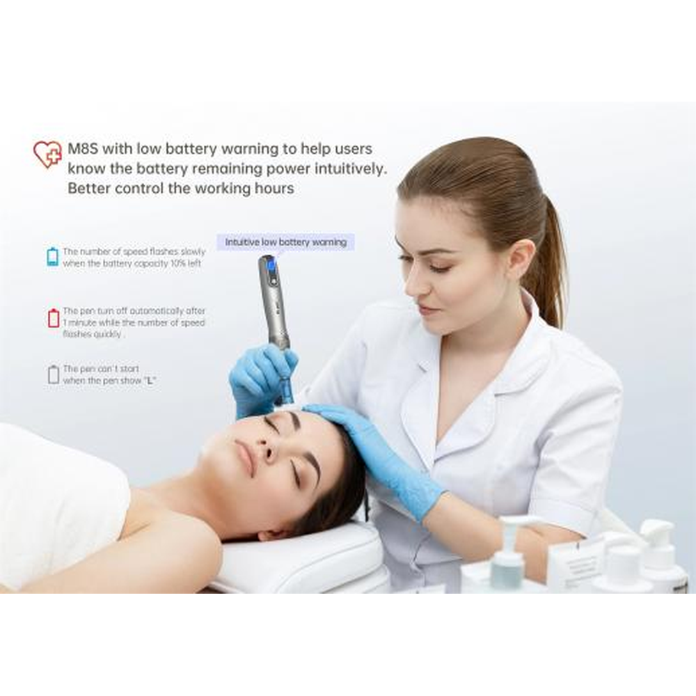 Dr. Pen M8s low-battery indicator illustration with a professional-use demonstration