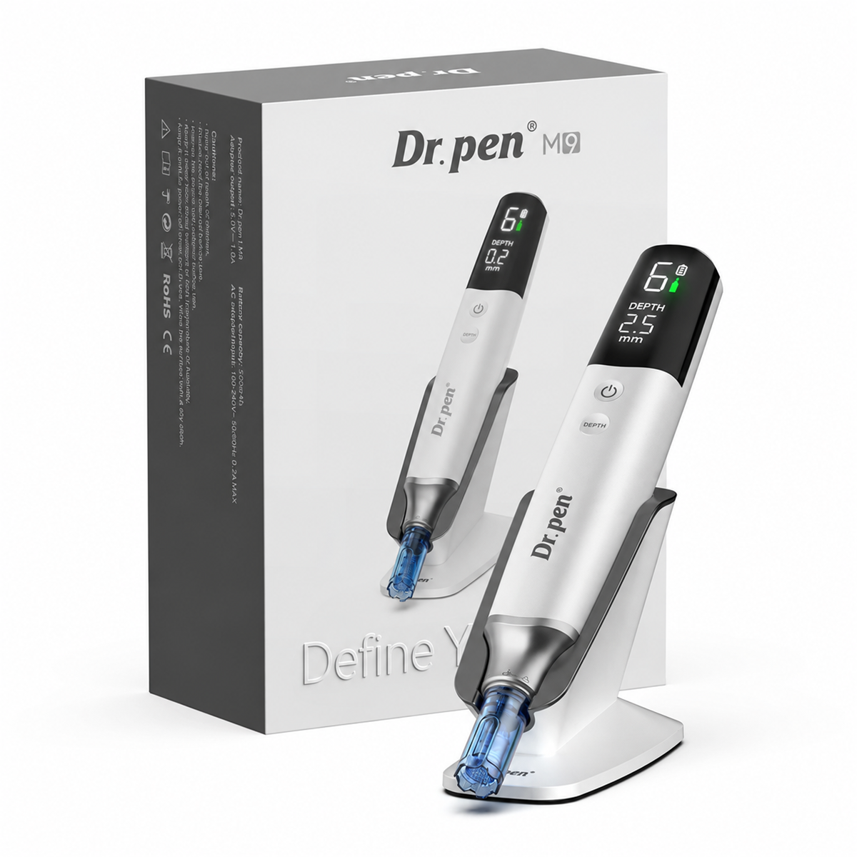 White Dr. Pen M9 on its stand beside the original product box