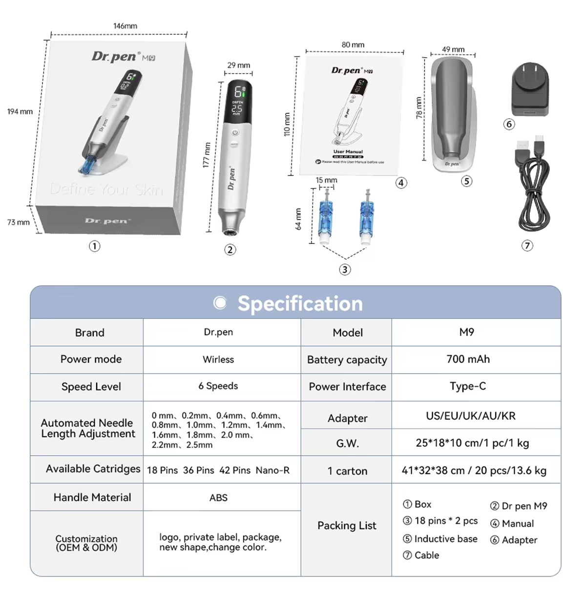 Dr. Pen M9 dimensions, specifications and standard accessory layout