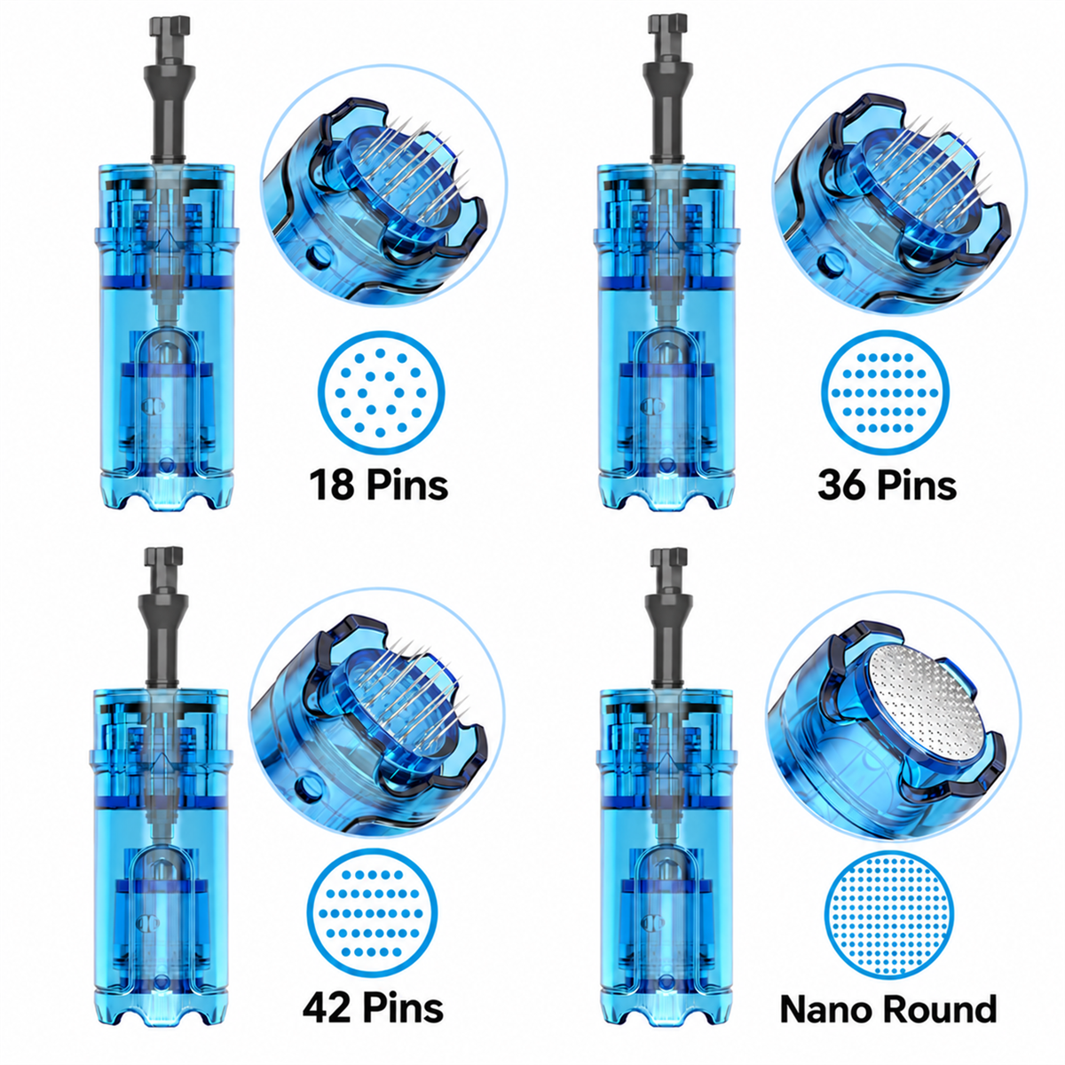 Dr. Pen M9 and M8 Max 18-pin, 36-pin, 42-pin and Nano Round cartridges with tip close-ups