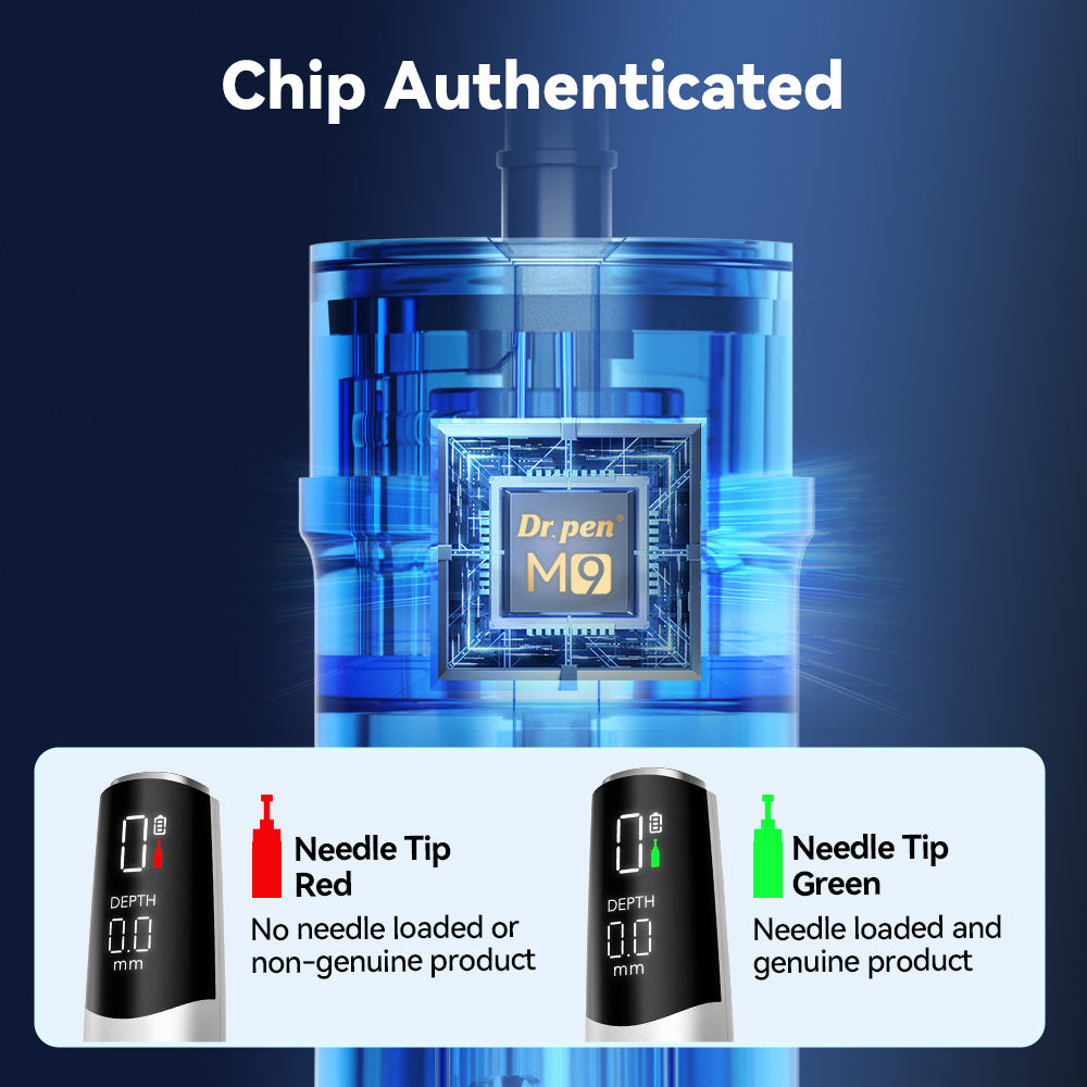 Dr. Pen M9 cartridge-chip illustration with red and green recognition-status indicators