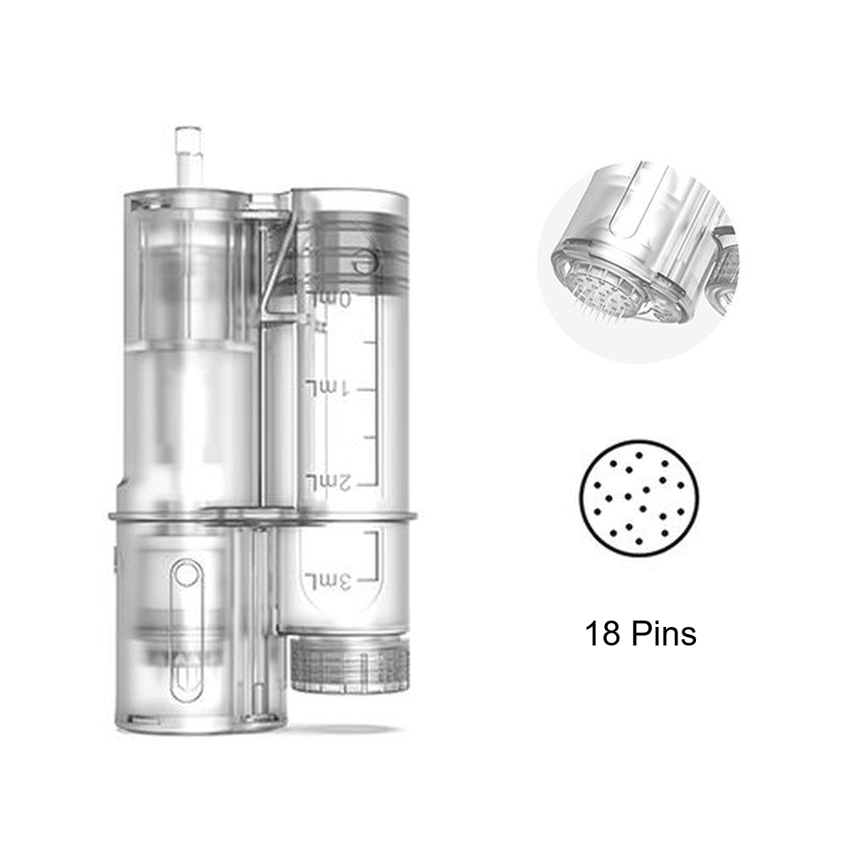 Hydra Pen H6 18-pin replacement cartridge with graduated reservoir and needle-tip close-up