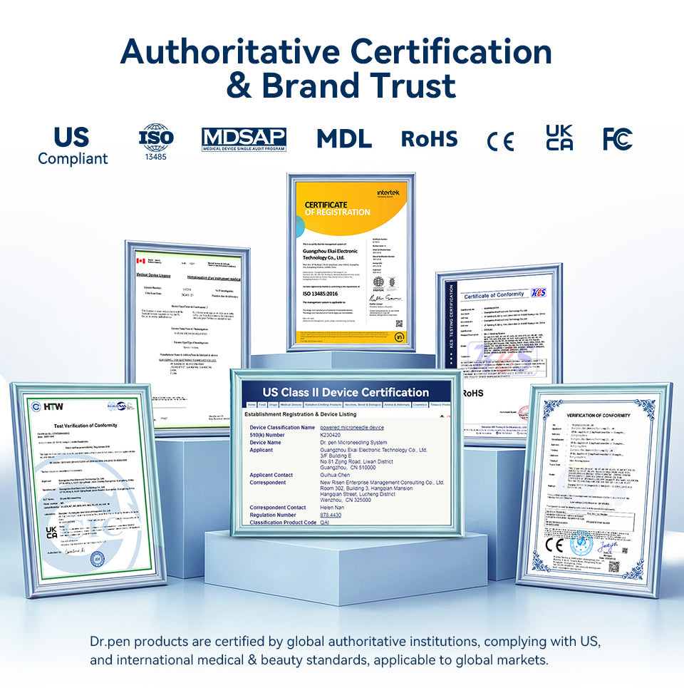 Supplier-provided collage of certificates and conformity marks displayed in the Hydra Pen H3 gallery