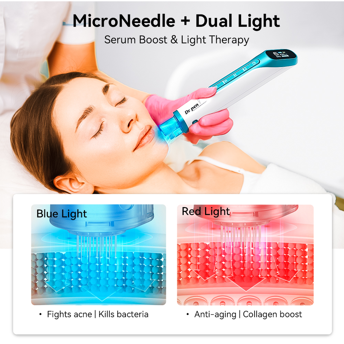 Hydra Pen H6 red and blue LED options illustrated with a facial-use demonstration
