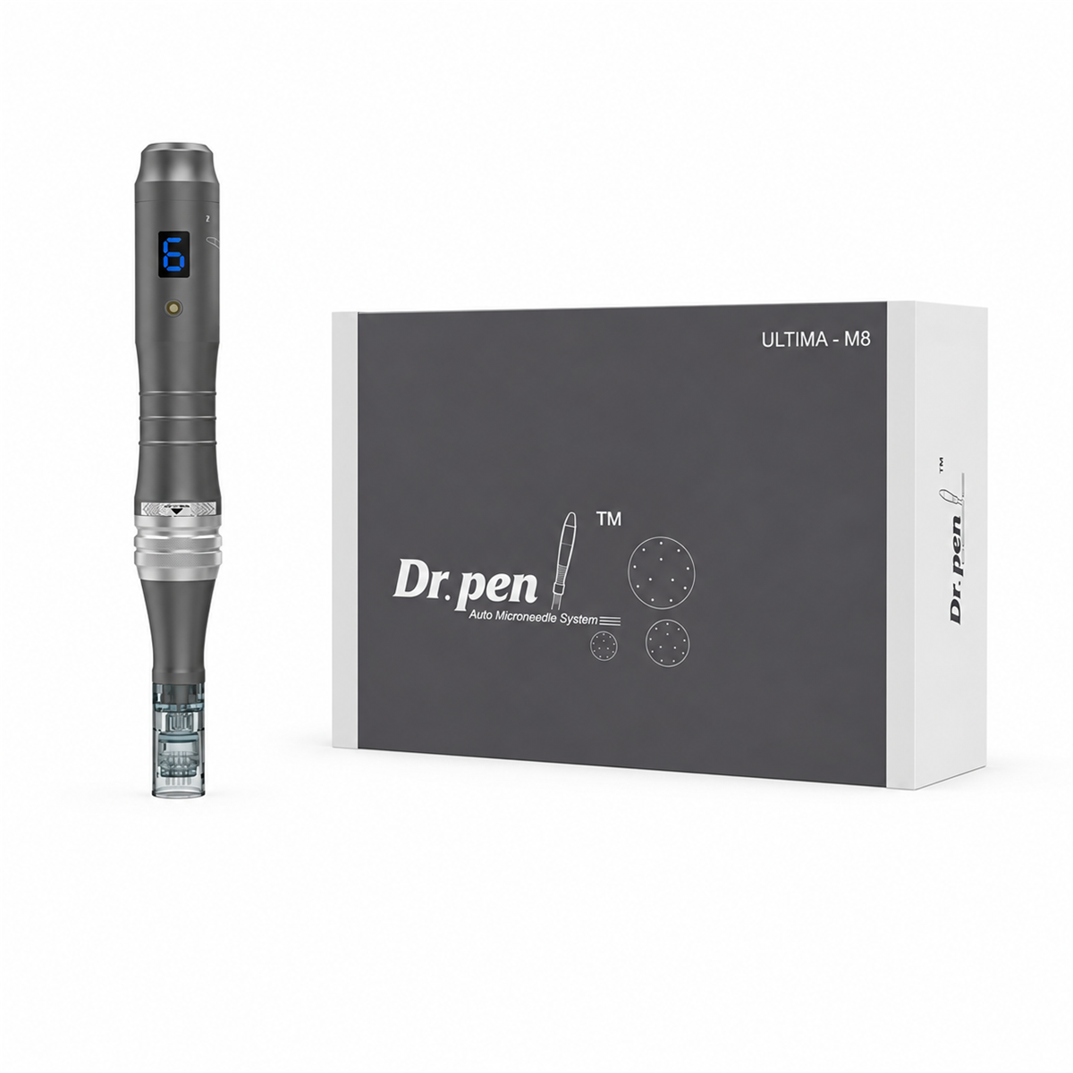 Silver Dr. Pen M8 microneedling pen beside its original M8 box