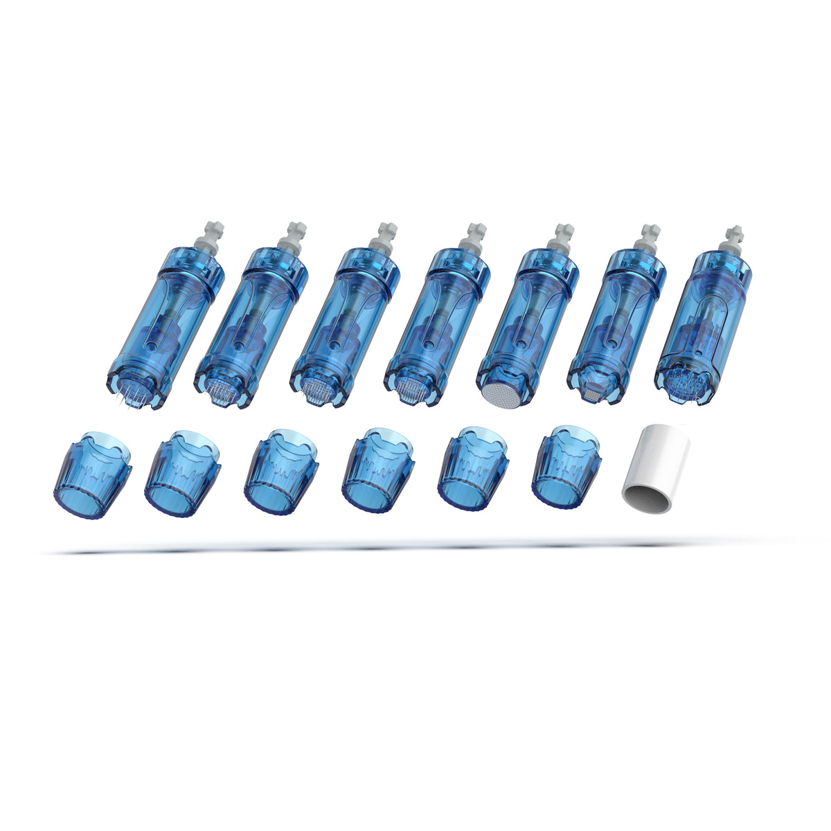 Dr. Pen A11, M8s, A9 and A8S cartridge range displayed beside separate protective caps