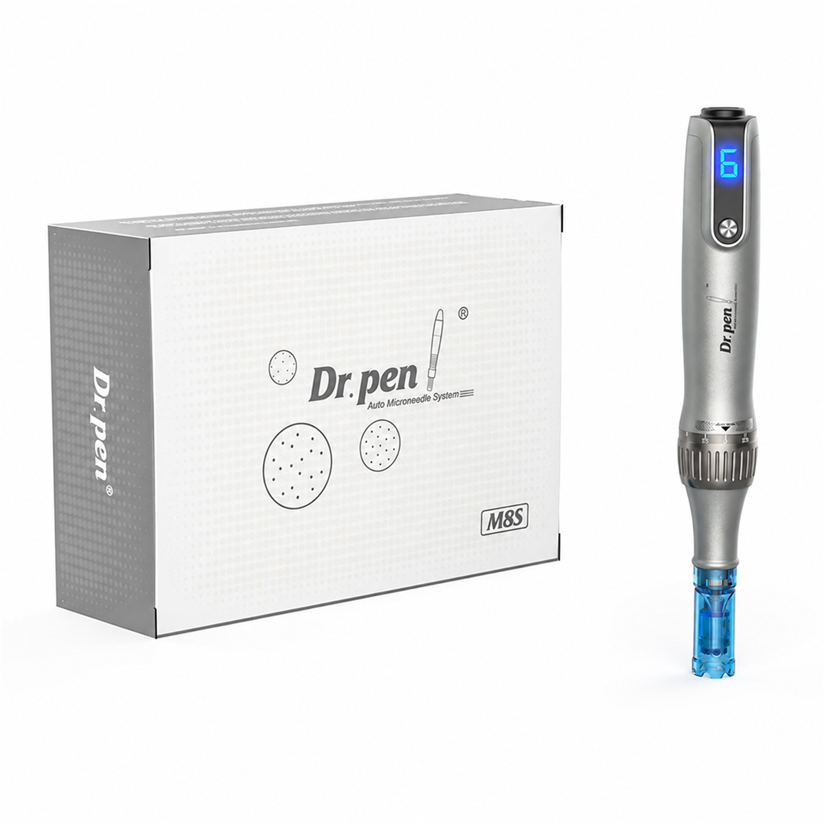 Silver Dr. Pen M8s handpiece with a blue cartridge beside its original M8S box