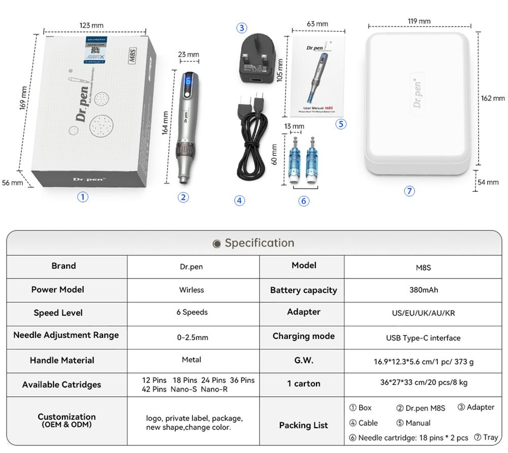 Dr. Pen M8s dimensions, specifications and standard accessory layout